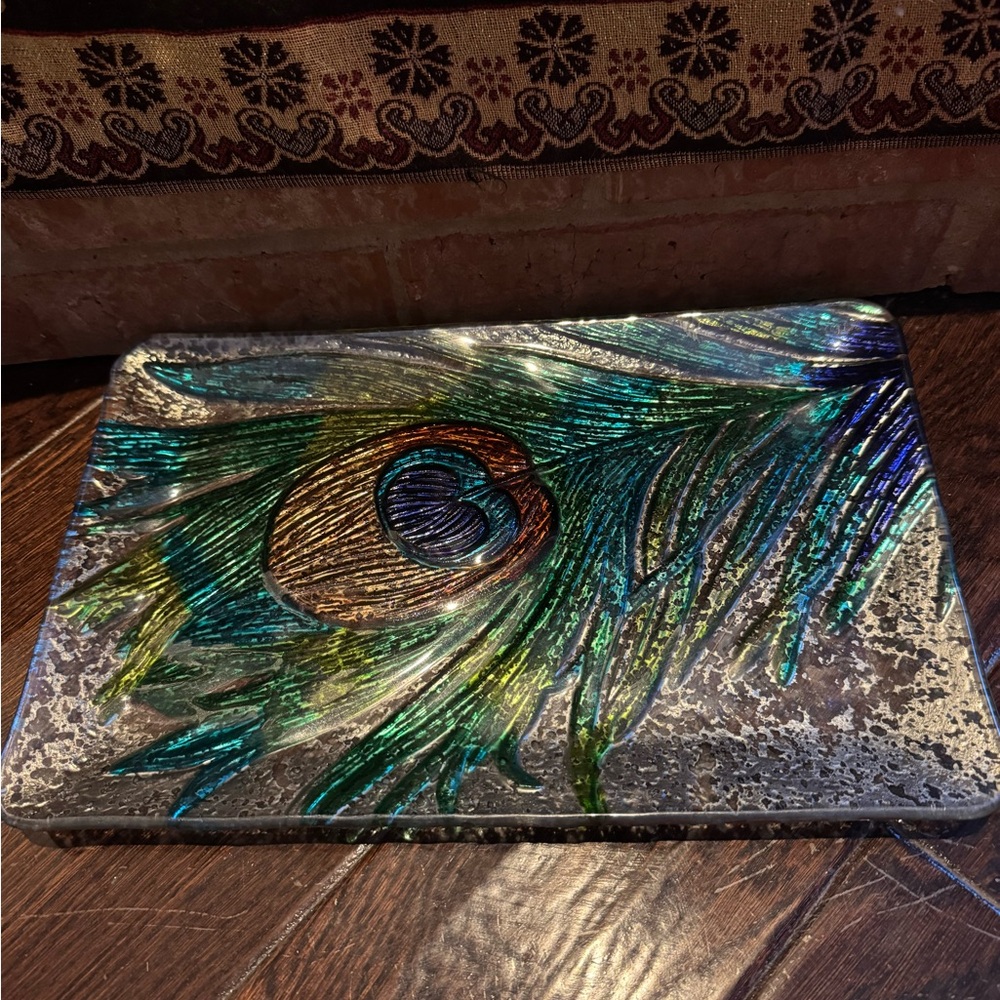 Cracker Barrel Peacock Glass Tray, Decorative Serving Dish, Vintage